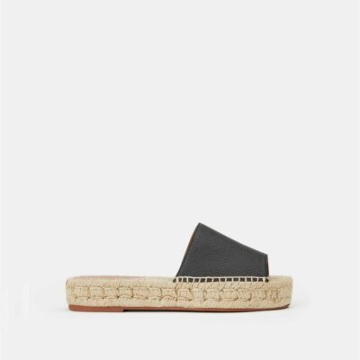 Lafayette 148 New York Sandals | Grained Calfskin Leather Espadrille Slide Black