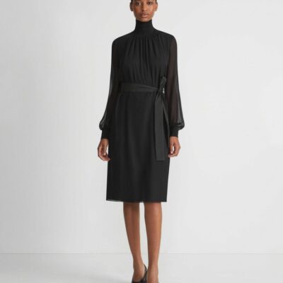 Lafayette 148 New York Dresses | Opaque & Sheer Silk Turtleneck Dress Black