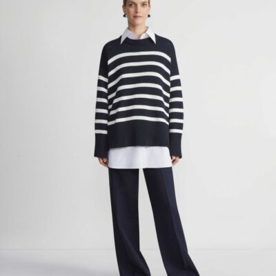 Lafayette 148 New York Sweaters & Knits | Naval Stripe Cotton-Silk Button Side Sweater Ink Multi