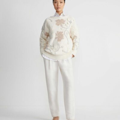 Lafayette 148 New York Sweaters & Knits | Hand-Embroidered Flora Bloom Cotton-Wool Chainette Sweater Creme Multi