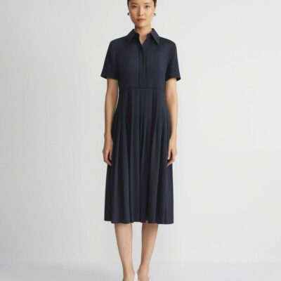 Lafayette 148 New York Dresses | Organic Silk Stretch Georgette Pleated Shirtdress Ink