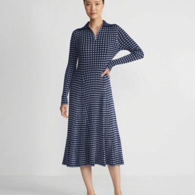 Lafayette 148 New York Dresses | Gingham Responsible Matte Crepe Collared Half-Zip Dress Midnight Blue Multi