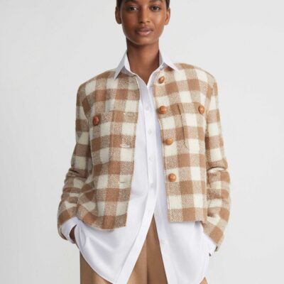 Lafayette 148 New York Jackets & Blazers | Gingham Wool Collarless Buttoned Jacket Camel Multi