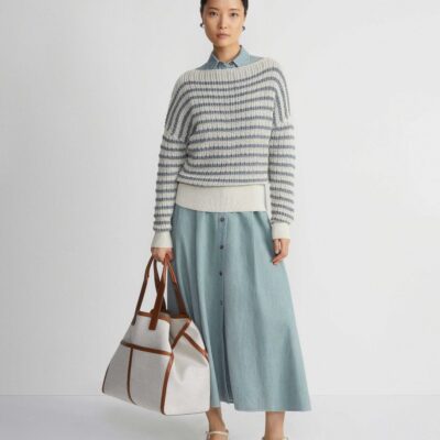 Lafayette 148 New York Denim | Stripe Organic Cotton & Denim Yarn Bateau Sweater Pebble Multi