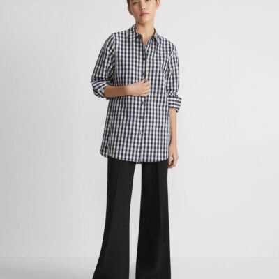 Lafayette 148 New York Blouses & Shirts | Gingham Crinkle Cotton-Linen Oversized Shirt Midnight Blue Multi