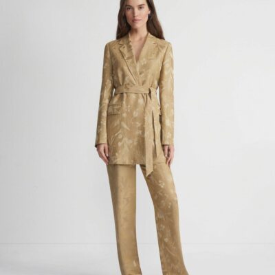 Lafayette 148 New York Jackets & Blazers | Eco Flora Jacquard Linen-Viscose Belted Blazer Cadet Khaki