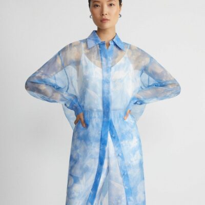 Lafayette 148 New York Blouses & Shirts | Eco Flora Print Silk Organza Oversized Tunic Blouse Bluebell Multi