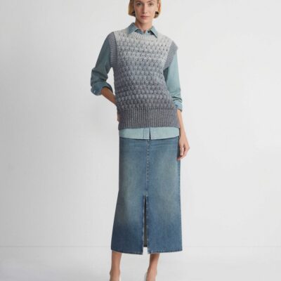 Lafayette 148 New York Denim | L148 Denim Slit Front Midi Skirt Sunfaded