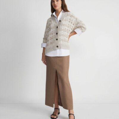 Lafayette 148 New York Sweaters & Knits | Gingham Sustainable Linen-Silk Chainette Open Stitch Cardigan Smoked Taupe Multi