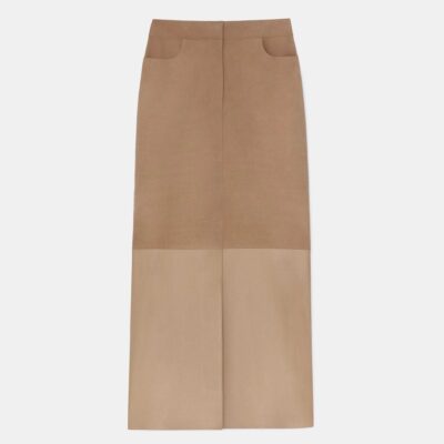 Lafayette 148 New York Skirts | Nubuck Suede & Nappa Leather Two-Tone Midi Skirt Oat