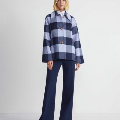 Lafayette 148 New York Jackets & Blazers | Gingham Wool-Cashmere Double Face Oversized Swing Coat Midnight Blue Multi