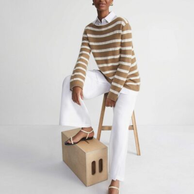 Lafayette 148 New York Sweaters & Knits | Stripe Sequined Cotton & Cashmere Sweater Cadet Khaki Metallic