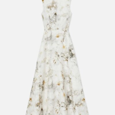 Lafayette 148 New York Dresses | Eco Leaves Print Silk-Linen Bateau Gown Cloud Multi